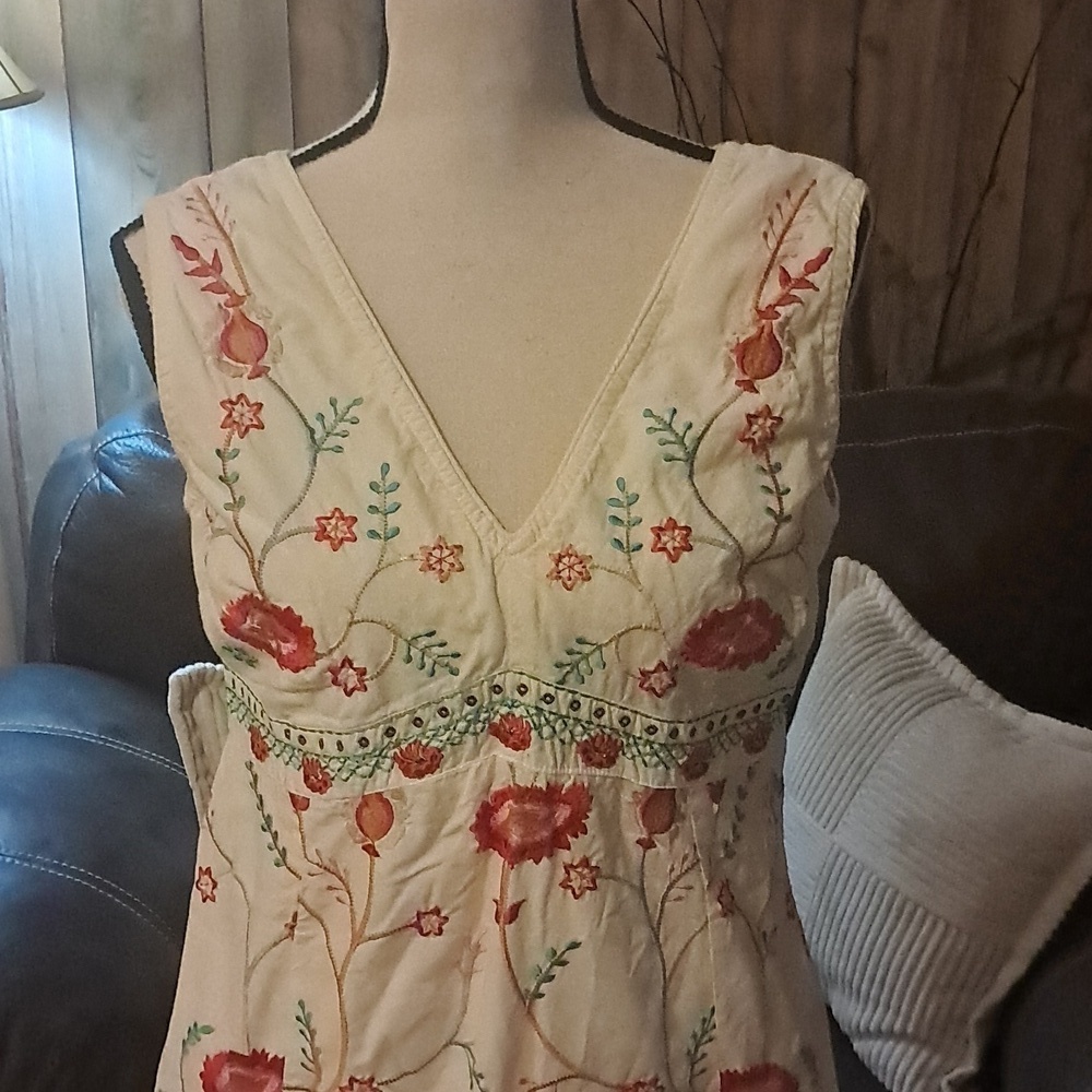 Floral Embroidered Midi Dress Cream/Red Size M Boho Festival Hippie Cottagecore - Picture 4 of 8